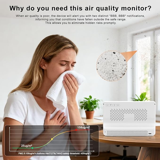 16 in 1 Air Quality Monitor Indoor 7" Display 9 AQI+7 AQI Alerts,Portable Air Quality Tester CO2, TVOC, PM2.5 PM1.0 PM10, HCHO Temperature Humidity Temp & Time Air Quality Meter for Home
