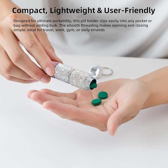 3 Compartment Small Pill Holder Keychain Bling Pill Container with Key Chain Travel Pill Organizer Medicine Box for Women (White+AB+Pink)