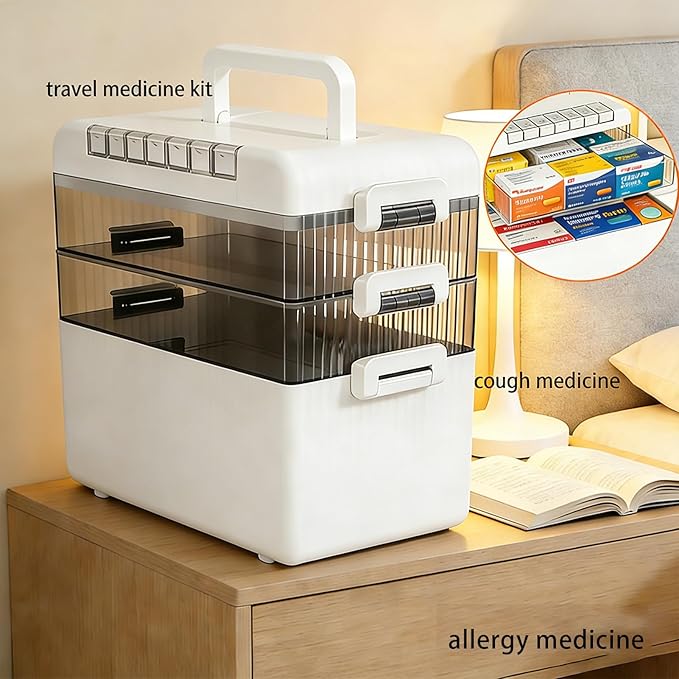 Large Medicine Cabinet Pill Organizer 3 Tier First Aid Storage with Foldable Handle for Household Essentials Emergency Use