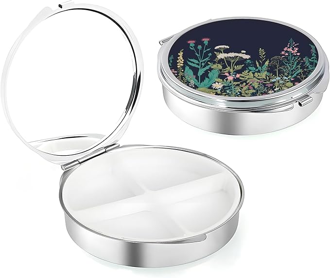 Weekly Pill Case, Medicine Planner, Vitamin Organizer Box, Portable Daily Pill Box with Compartments,Pocket Purse Metal Medicine Organizer Unique Gifts,Flower