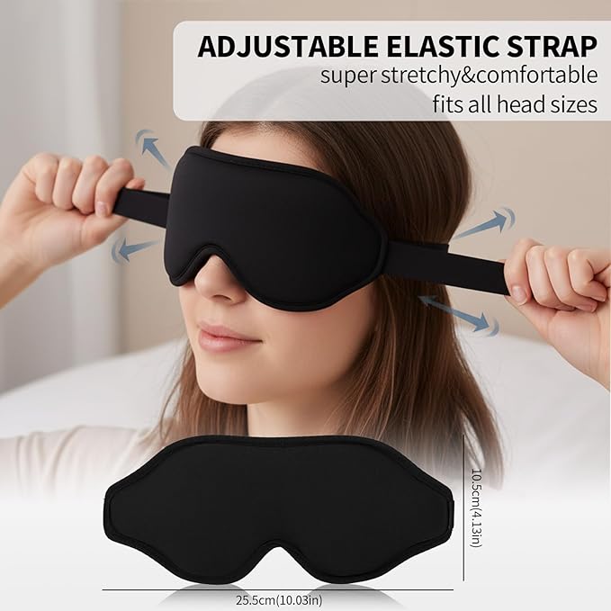 3D Sleep Mask with Hot Cold Gel Layer, Memory Foam Blackout Eye Mask, Zero Pressure Cups for Lashes, Adjustable Strap, Black