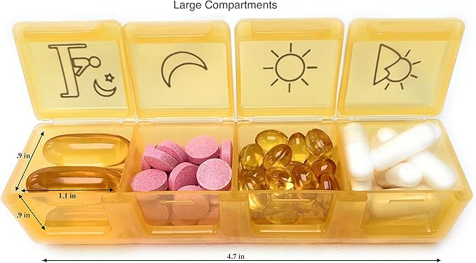 Kaddy Weekly AM/PM Secure Pill Organizer Box, (7-Day / 4-Times-A-Day) Portable Travel with Large Compartments for Medication, Supplements and Vitamins, 3 Digit Lock for Safety