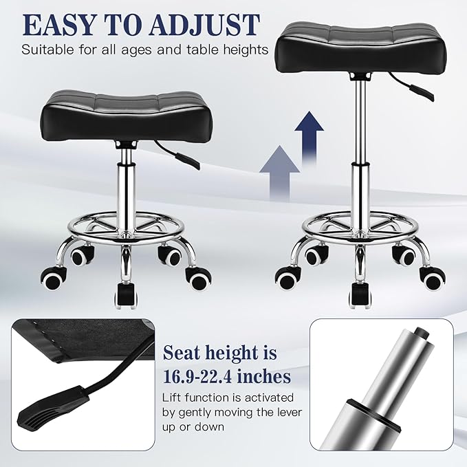 Square Salon Rolling Stool - 300lbs Weight Capacity，Adjustable Swivel Stool with Wheel，Pu Leahter Comfortable Cutting Stools for Salon Tattoo Stylist Massage Perfect for Work SPA (Black)
