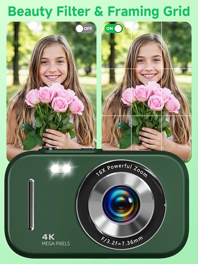 Digital Camera,4K 48MP Portable Camera with Anti Shake, 16X Zoom, Digital Camera for Teens with Beauty, 32GB Card, 21 Filters, Best for Kid Children Teen Student Girl Boy