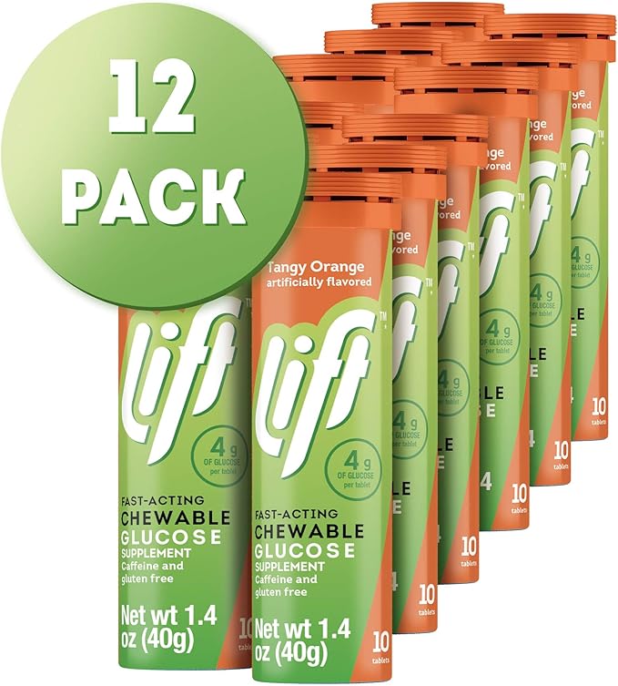 Lift Glucose Fast-Acting Glucose Chewable Energy Tablets, Orange, 10 ct Tube (Pack of 12)