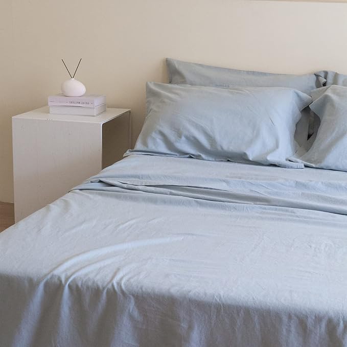 Simple&Opulence Belgian Linen Sheet Set Solid Color - 6 Pieces (1 Flat Sheet & 1 Fitted Sheet & 4 Pillowcases) 16" Deep Pocket Natural Flax Cotton Blended Soft Bedding - Dusty Blue, Queen Size