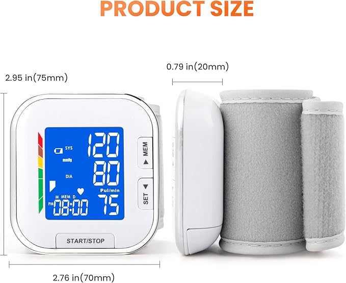 Blood Pressure Monitor Adjustable Wrist Cuff LCD Backlit Display BP Machine for Home Use Stores Up to 60 Readings Batteries Included with Carrying Case, White