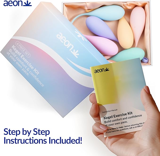 AEON Kegel Exercise Balls Set – 6 Progressive Silicone Pelvic Floor Trainers. Body-Safe, Soft & Flexible. Includes Storage Bag & 1.3 Oz AEON Personal Glide - $10 Value – Beginner to Advanced