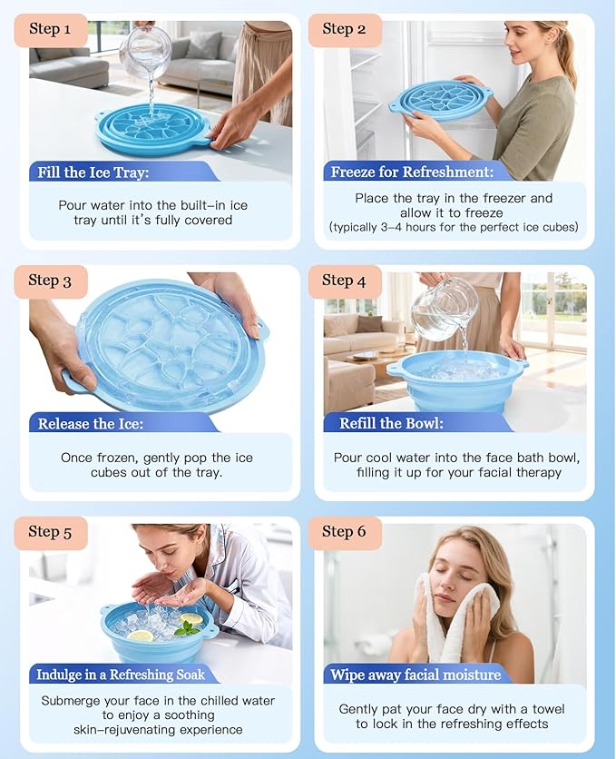 Foldable Silicone Face Ice Bath Bowl with Built-in Ice Tray, Cold Plunge Therapy for Skin Tightening, Puffiness Reduction & Acne Relief, Portable Spa Tool for Home & Travel (Blue)