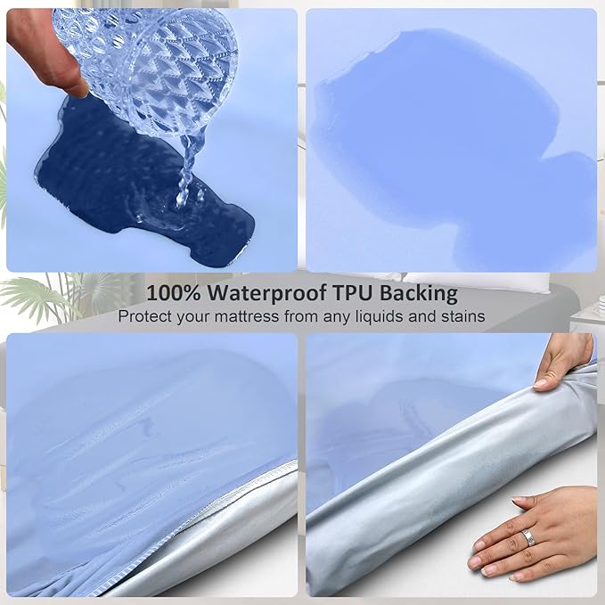 Waterproof Mattress Protector Queen, Fitted Sheet Style Breathable Mattress Cover with Deep Pocket Fits Up to 18'', Noiseless Bed Cover for Kids Adults Pets, Machine Washable (Sky Blue, 60'' X 80'')