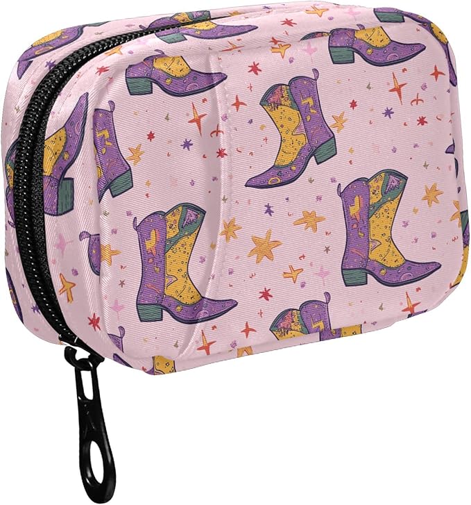 Fustylead Trendy Cowgirl Boots and Stars Pill Organizer for Purse, Weekly Portable Pill Box with Zipper to Storage Vitamins Fish Oils Medications Supplements