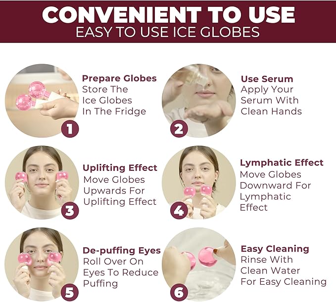 Ice Globes for Face 2Pcs – Freezer Safe Ice Globes for Facials, Skin Tightening & Anti-Aging – Reusable Facial IceGlobes for Reduction of Puffiness & Wrinkles of Face, Neck & Eyes–Pink