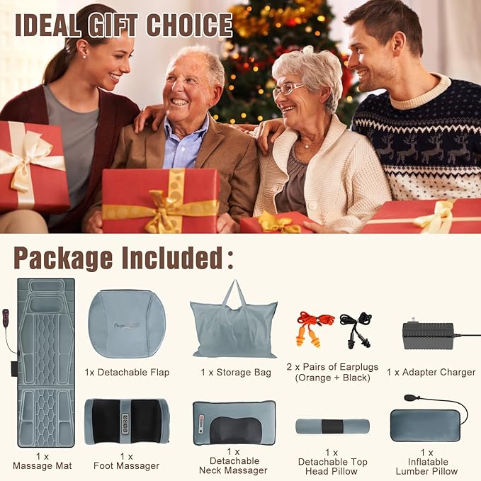 Full Body Massage Mat with Heat, Detachable Neck Massager & Foot Massager, Full Body Vibration Massage Mats with Lumbar Pillow, 9 Vibration 3 Timer Settings, Gift for Men Women