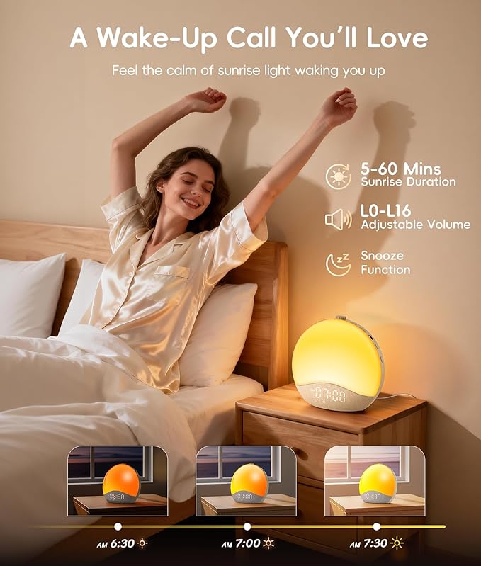 ecozy Sunrise Alarm Clock for Bedroom, White Noise Sound Machine, 26 Soothing Sounds, 17 Night Lights, Bluetooth Speaker, Music-Sync Lights, Wake Up Sunlight for Heavy Sleepers, Adults, Kids - Natural