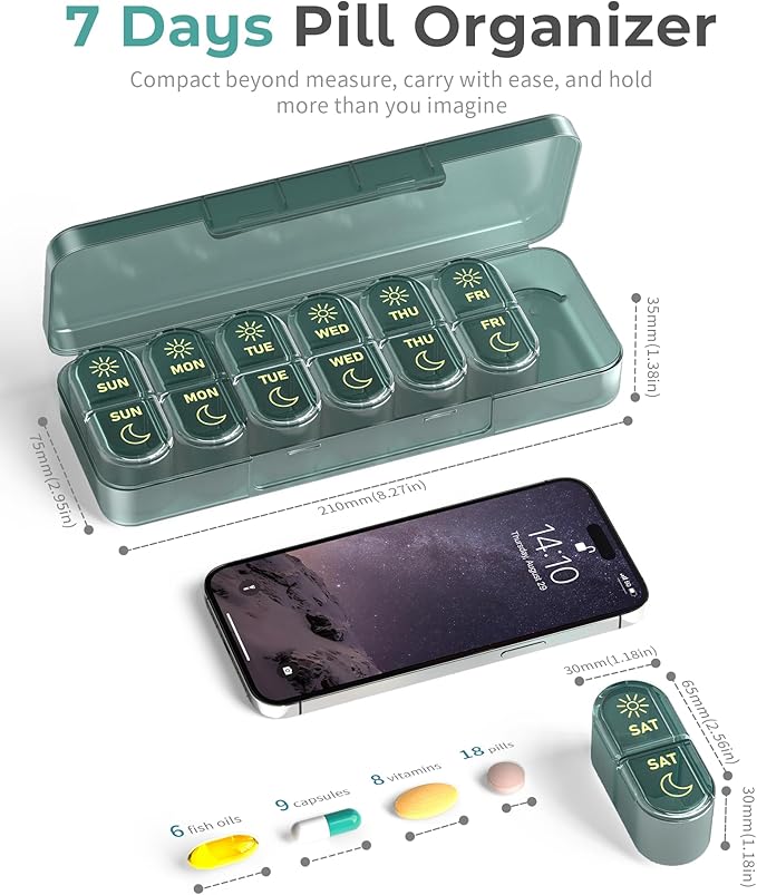 Pill Organizer 2 Times a Day, AM PM Pill Box 7 Day, Weekly Medicine Organizer with Large Capacity, Travel Pill Case for Medication, Vitamins, Fish Oils, Supplements (Easy to Use, Portable)