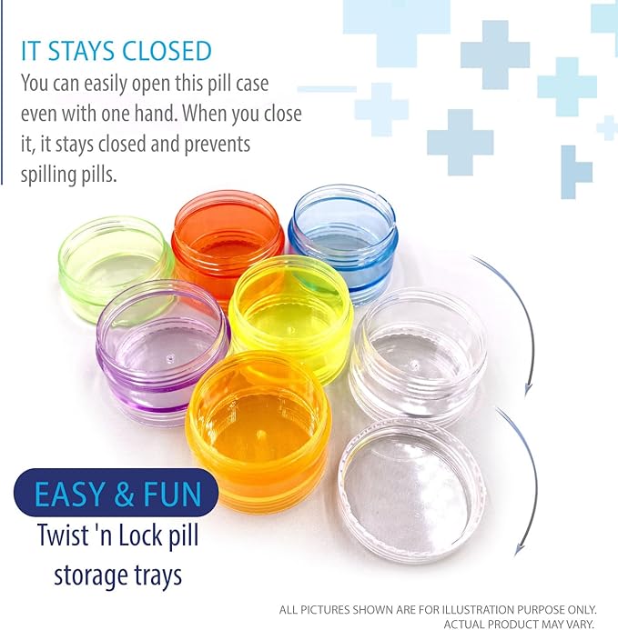 Deke Home - Stackable Pill Organizer (2 Pack), 7 Day Weekly Pill Box Tower with Twist Lock Compartments, BPA-Free, Travel Medicine Holder & Vitamin Dispenser, Compact & Portable Case, Rainbow Colored