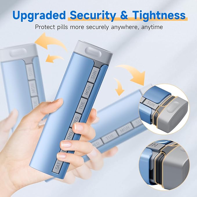 Travel Pill Organizer Weekly, 1 Time a Day ，Upgrade Premium Aluminum Alloy Daily Pill Box 7 Day, Portable Metal Pill Case, Cute Pill Holder to Hold Vitamins, Medicines, Pills, Supplements (Blue)