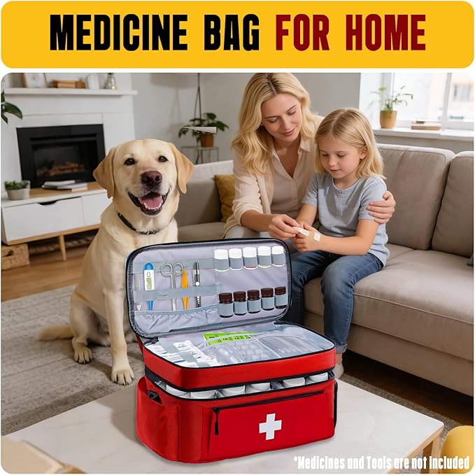 2-Layer First Aid Bag Empty 15¾”x 9½”x7” Medical Bag Red Pill Bottle Box Portable Emergency Bag for Outdoor Travel & Home Use, Medicine Kit Organizer Case with Shoulder Strap (Large)