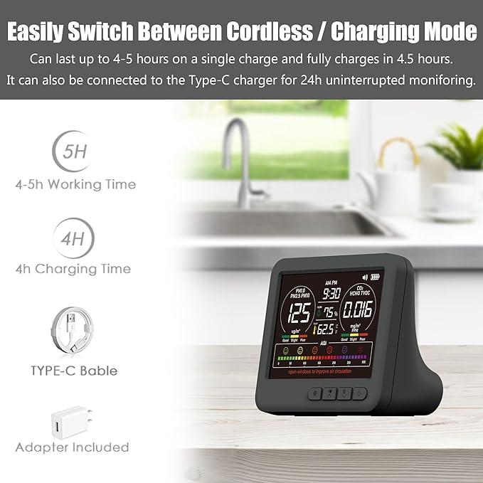 Professional Indoor Air Quality Monitor with 7X AQI Alarms,16 in 1 Portable Real-Time Detector for PM2.5 | PM10 | CO2 | TVOC | HCHO | Temp | Hum for Home Cars Plants Pets (Black)