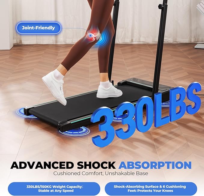 GORISE Walking Pad Treadmill with Adjustable Height Handle Bar, 3HP Quiet Foldable Under Desk Treadmill, Portable Treadmills for Home 350LBS with Remote Control LED Display