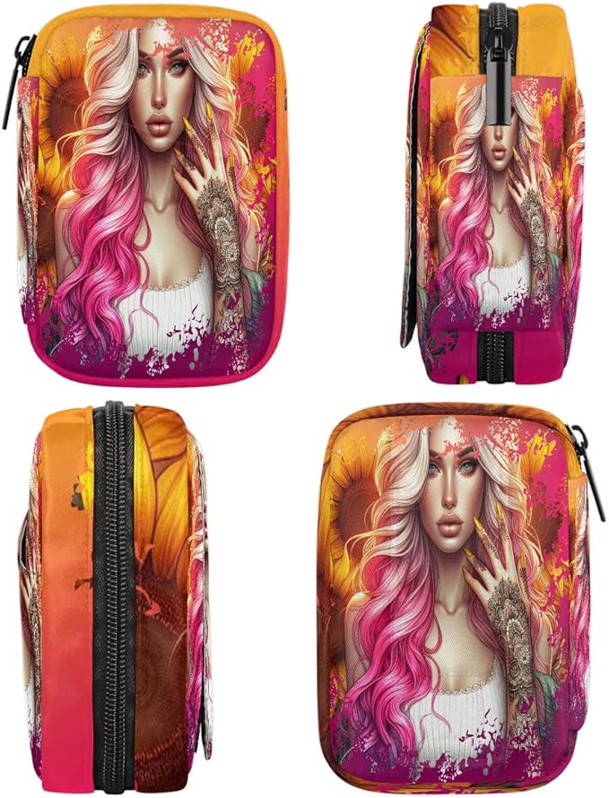 Abstract Sunflower Girls Pink Travel Pill Organizer Box Weekly Portable Pill Case Daily Pills 7 Day Small Birth Control Pills Container Removable Compartments for Medicine Vitamins Fish Oil