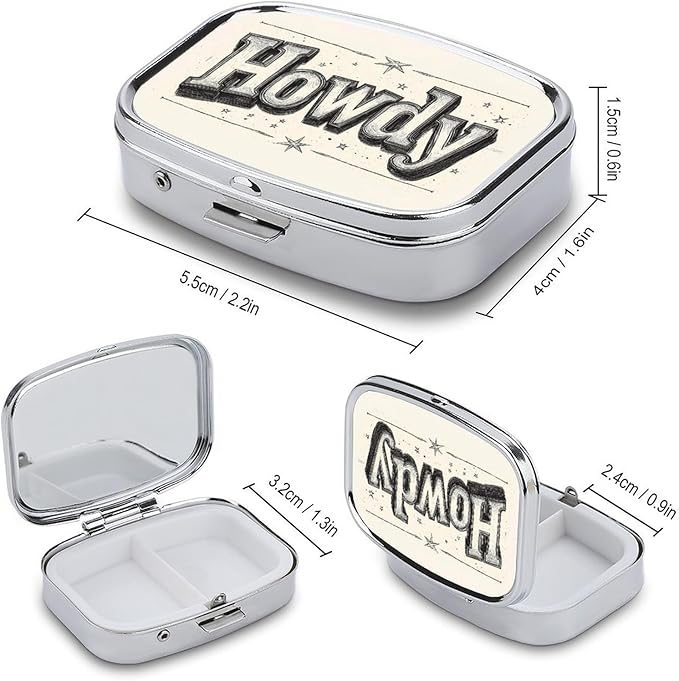 Howdy Western Pill Box 2 Compartment Portable Medicine Pill Case Travel Pill Organizer for Pocket Purse