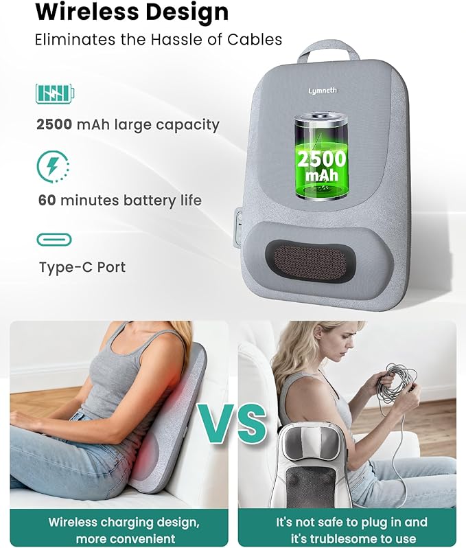 Cordless Back Massager with Heat, Up and Down Rolling Massage & Heated Lower Back, 4D Shiatsu Back Massager for Pain Relief Deep Tissue, Electric Back Massagers for Chair Office Home Use