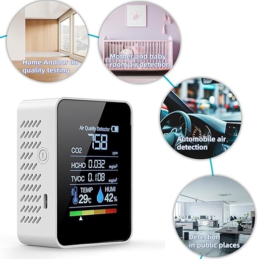 5-in-1 Indoor Air Quality Monitor, Professional Portable Detector&Accurate CO2,HCHO,TVOC,Humidity& Temperature,LED Display, 2s Refresh,for Home, Office,School, Hotel,Car Air Quality Tester (White)