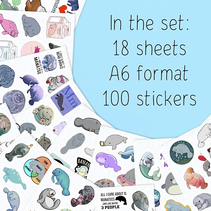 BulbaCraft 100Pcs Manatee Stickers and Laptop Decals for Water Bottles - Waterproof Vinyl Manatee Stickers, Gifts for Women & Men