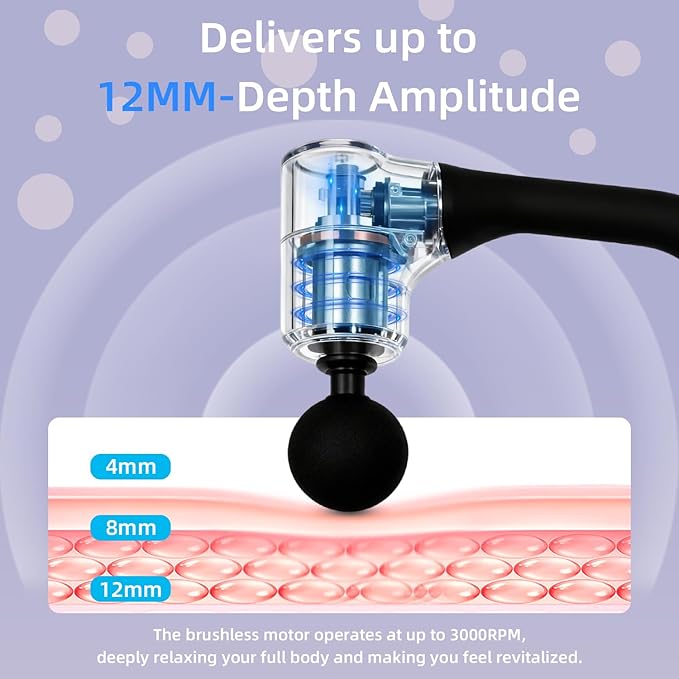 Extended Handle Massage Gun - 12mm Deep Tissue Percussion Massager for Back Pain Relief, Stepless Speed Control, Long Reach Back Massager with Anti-Slip Grip for Seniors & Athletes