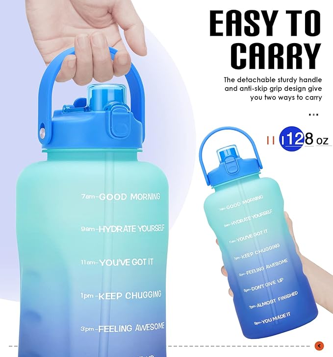 HydroPal 1 Gallon Water Bottles with Straw, 128 oz Water Bottle BPA Free Innovative 2-IN-1 Lid Gym Bottle with Times to Drink Motivational, Large for Sports Fitness Camping Water Jug （13.8X5.5 inch）