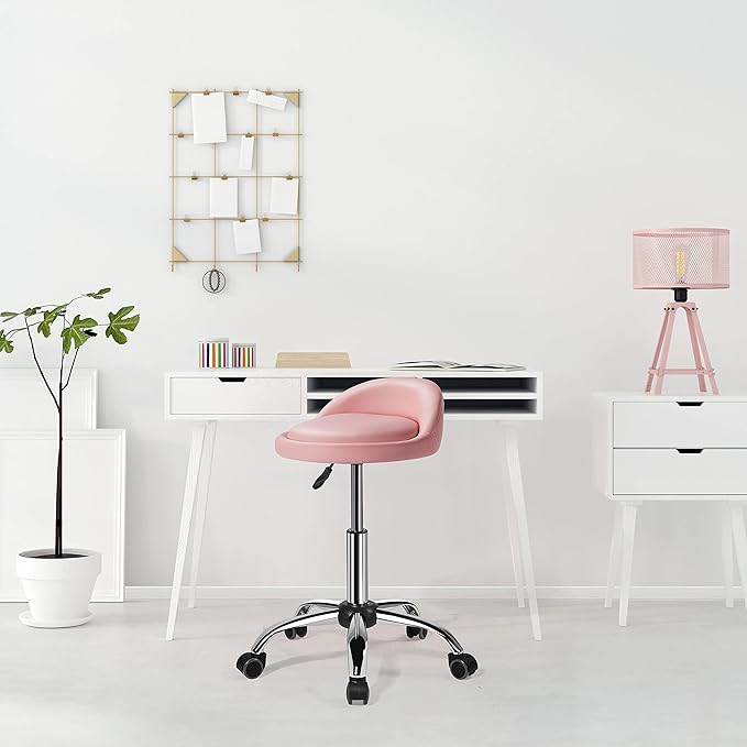 Yaheetech Height Adjustable Rolling Swivel Salon Stool Chair with Backrest Wheels for Tattoo Massage Facial Spa Manicure Dentist Clinic,Pink