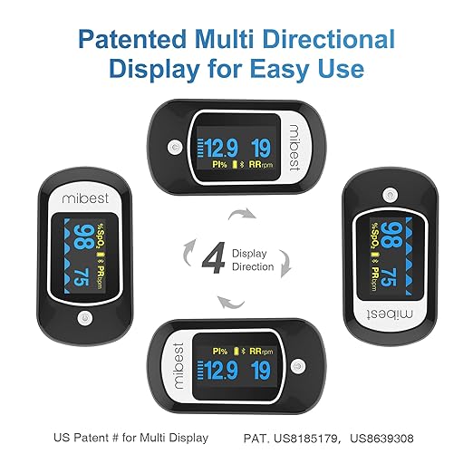 Mibest CN368R Bluetooth Pulse Oximeter - Blood Oxygen Saturation Monitor with App - SpO2, Pulse Rate, Respiration Rate, Plethysmograph and PI - Compatible with iOS & Android Smartphones - Free App