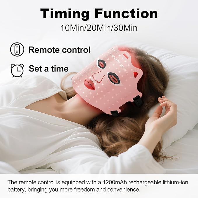 Red Light Therapy for Face, Portable Led Face Mask Light Therapy with Rechargeable Remote, 7 Color Mode Red Light Therapy with 850nm NIR, Home Use Skin Care Device (Pink)