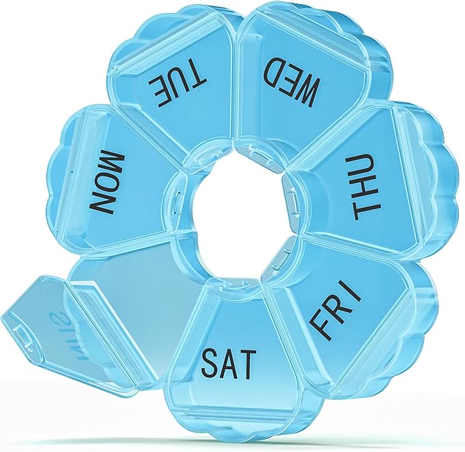 Enlarged Weekly Pill Organizer 7 Day, Daily Pill Box with Never Faded Etched 3D Date Labels, Travel Pill Case with Large Compartment for Medication, Vitamin, Fish Oil, Supplements-Blue