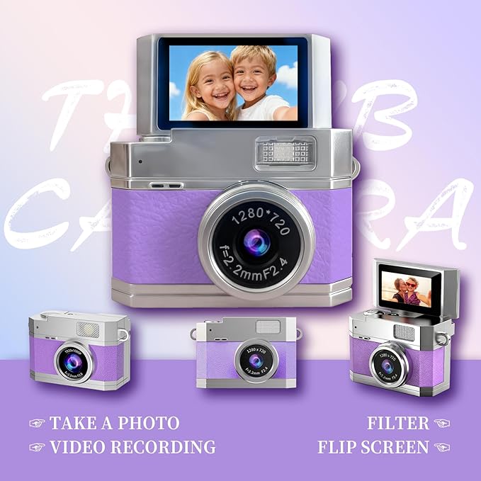 ‌Mini Keychain Digital Camera Purple - HD Mini Digital Camera with 0.96" Flip Screen & 32GB Card,Funny Gifts for Friends, for Mom