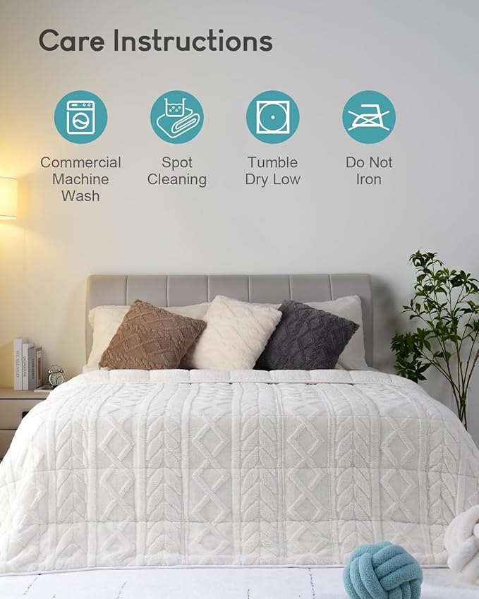 Cottonblue Jacquard Weighted Blanket 15lbs for Queen Ded - Ultra Soft, Cozy Comfort Sherpa Blanket for Relax and Sleep, Heavy Bed Blankets with Glass Beads, 60x80 in 17 lbs, Cream White