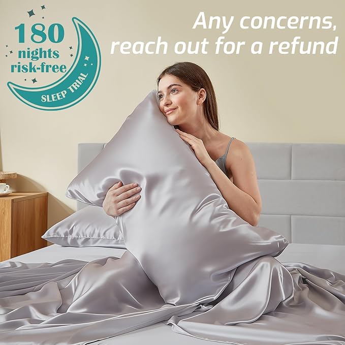 Silver Infused Bed Sheets - 20% Silk Blend Sheet with Self-Cleaning Technology for 3X Freshness Sleep, Luxe Soft Temperature Regulating Cooling Sheets for Hot Sleep (MoonlightGray,King)