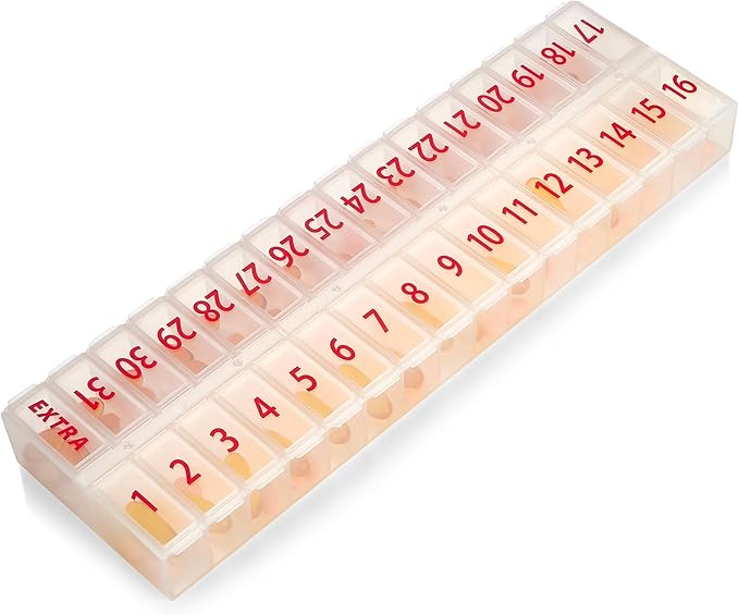 Large Pill Organizer Monthly 32 Compartments - 30 Day Pill Organizer 1 Time A Day, Large Compartment Box for Medications, BPA-Free Plastic, Removable Lid for Easy Loading Medicine, Vitamins, Clear