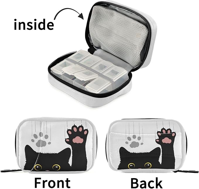 Naanle 7 Day Black Cat Pill Case Bag Travel Pill Organizer with Zipper Portable Weekly Case Compact Size for Vitamin Supplement Holder