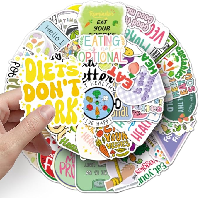 50pcs Healthy Diet Stickers,Healthy Eating Stickers Fruit & Vegetable Meal Decorative Stickers, Self-Adhesive for Scrapbooking, Kitchen Decoration, Weight Loss Plan Recordin