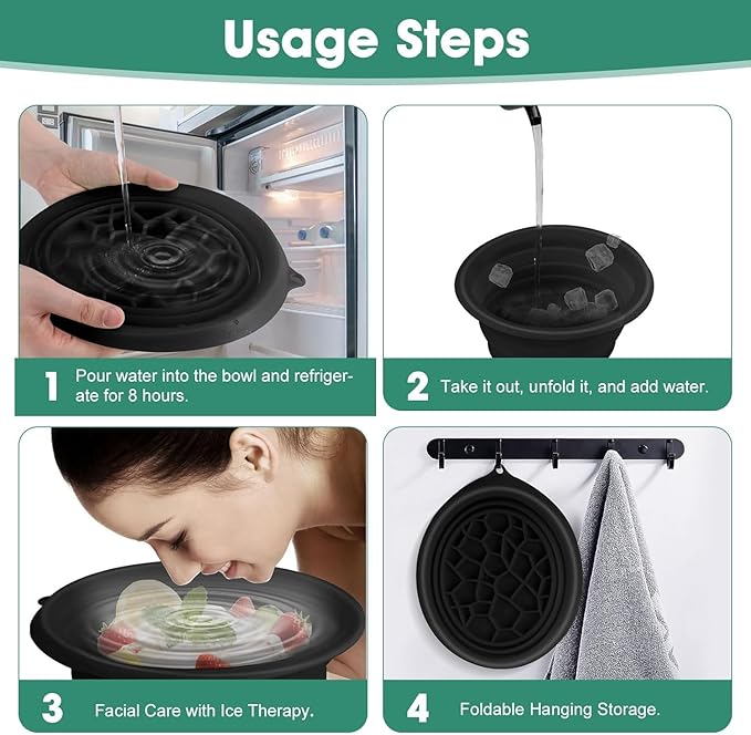 KROYWEN Face Bowl for Ice with Built-in Icetray, Portable Foldable Silicone Ice Facial Bowl, for Home Ice Bath Facial,| BPA-Free | for Men and Women (with A Free Hook 2-pic)
