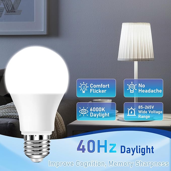 40Hz Therapy Light Bulb – Improve Focus, Memory & Mood for Seniors – Easy to Use | 85–265V Wide Voltage | E26 Base| 6000K Daylight | No Headache | Easy Daily Use