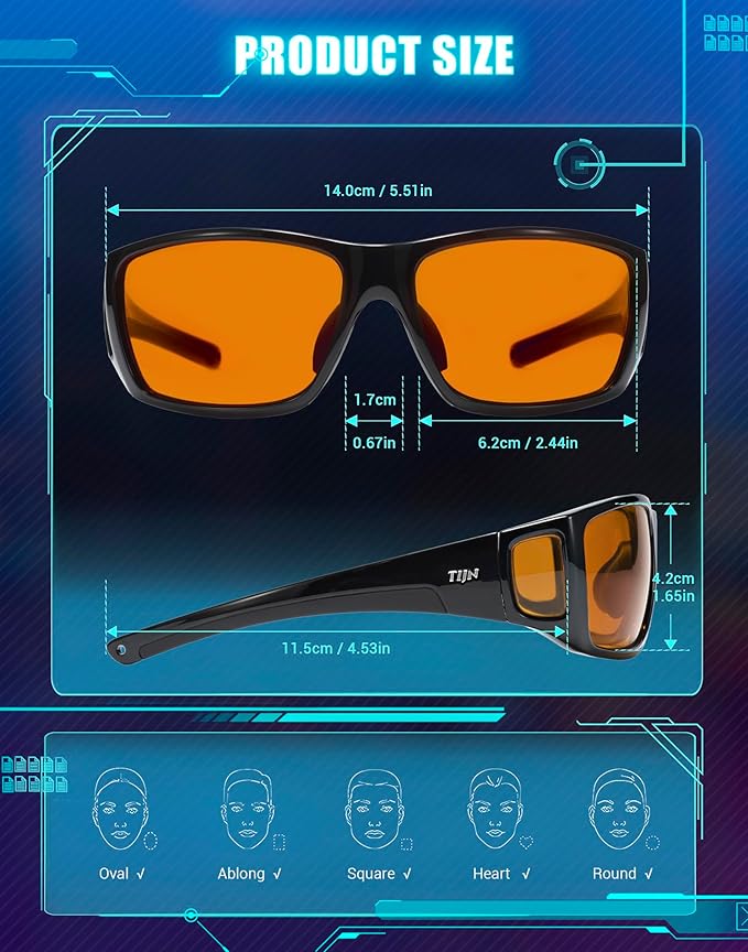 TIJN Sonia Red Sleep Glasses Orange Lens for Blue & Green Light Blocking,Dual AR Coating,Wraparound Frame for Gaming Screen