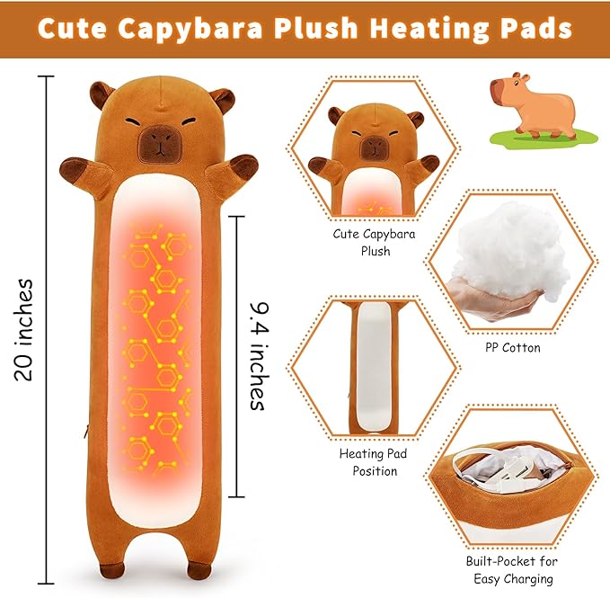 Capybara Heating Pad-USB Heated Plush Stuffed Animals for Period Cramps and Menstrual Pain Relief,20” Portable Electric Heating Pad,Built-Pocket Plushie for Women Mom Girls Birthday Gifts