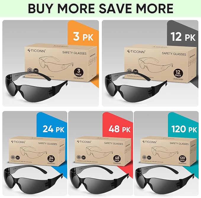 TICONN Clear Safety Glasses for Men and Women, Safety Goggles with Scratch Impact Resistant Meets ANSI Z87.1 Standard