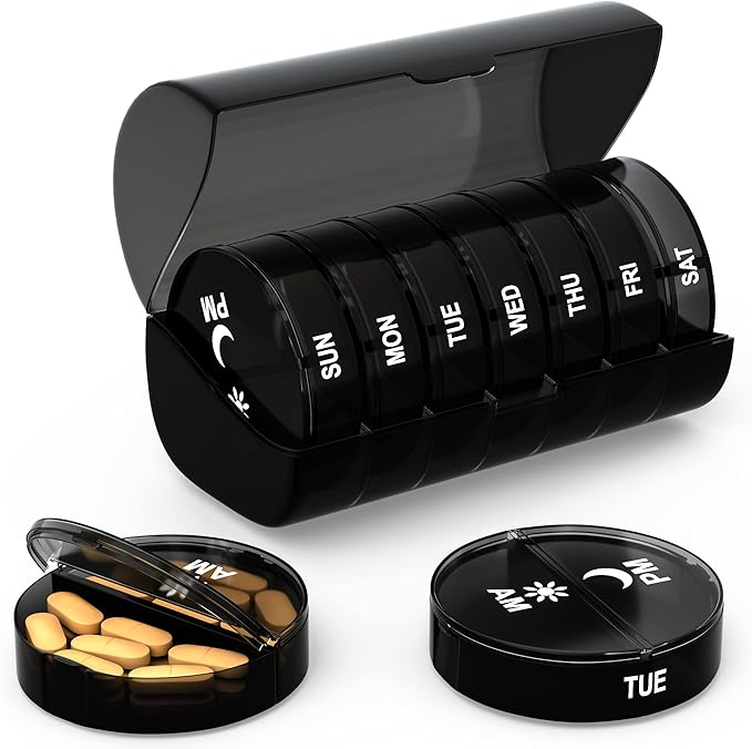 Weekly Pill Organizer 2 Times a Day - Large Capacity –Travel Pill Box 7 Day with Airtight Lid Lock – Portable Pill Case for Purse – Ideal for Vitamins, Supplements, and Fish Oil Pills (Black)