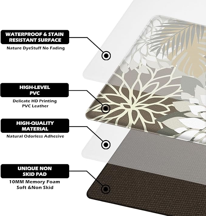 Kitchen Mats for Floor 2 Piece Cushioned Anti Fatigue Kitchen Mats Waterproof Non Slip Kitchen Mat Rug Set Comfort Foam Standing Mat for Sink, Laundry, Office, Brown White
