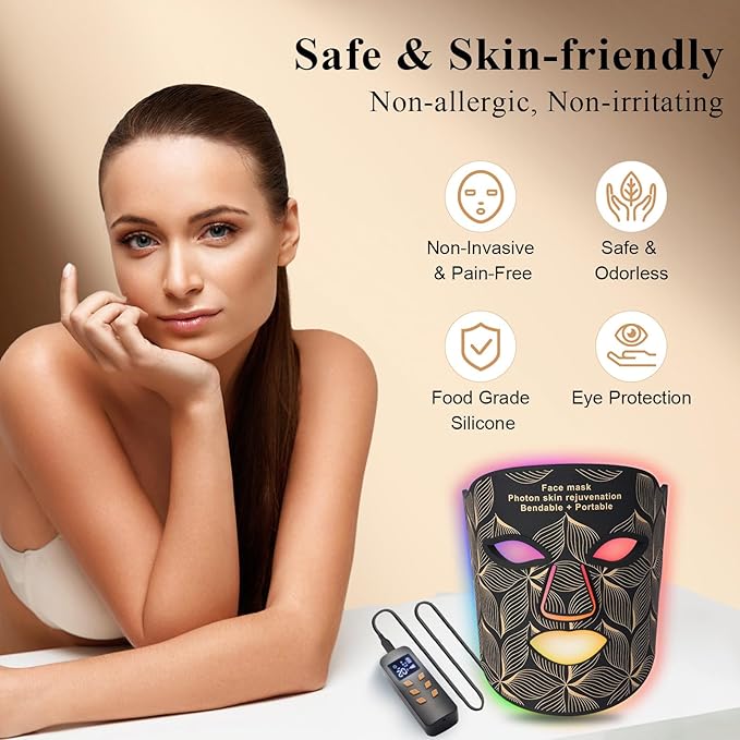 Red Light Therapy for Face, 8 Colors LED Face Mask Light Therapy with 850NM Near-infrared, Portable Rechargeable Red Light Therapy Mask Skin Care Device at Home and Travel for Anti-Aging, Black