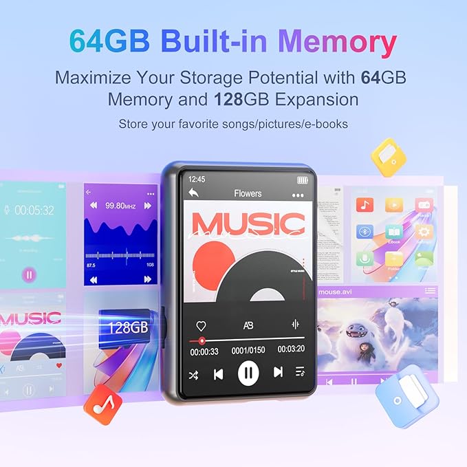 MECHEN 64GB MP3 Player Bluetooth 5.3 with 2.4" Full Touch Screen，Portable Digital Music Player with Speaker，FM Radio, Line Recording, HiFi Lossless Sound, Support up to 128GB. (Gray)